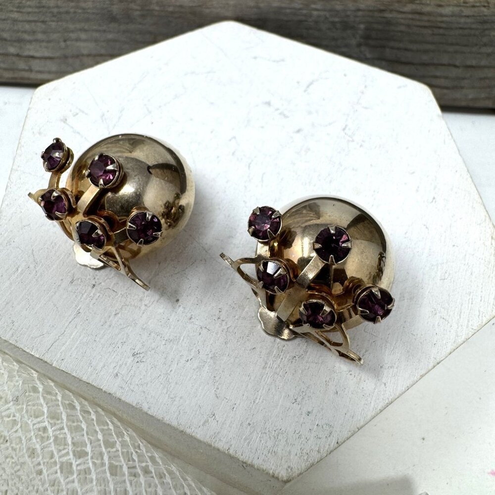 Vintage Clip-On Dome Earrings With Purple Rhinestones & Gold-Tone Finish